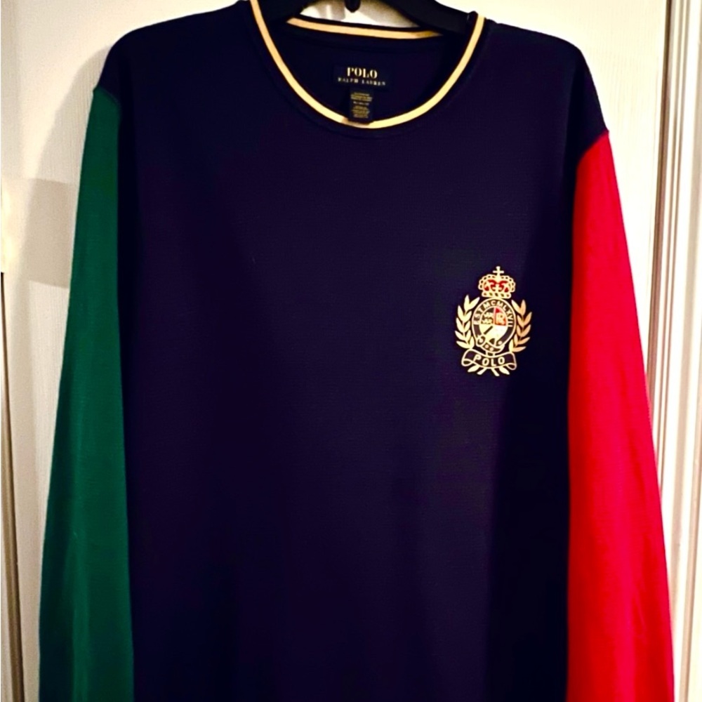 Men’s Polo by Ralph Lauren Blue and Green Color-Block Knit Sweater.